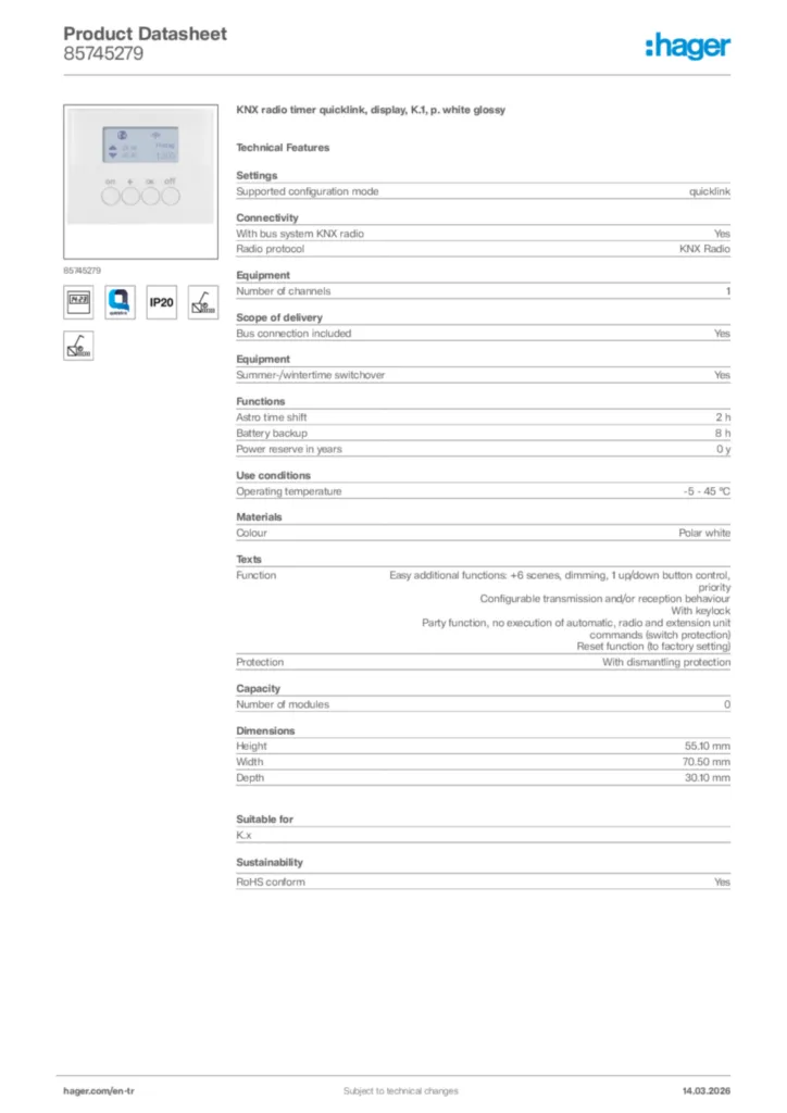 Image Hager Product data sheet 85745279  | Hager