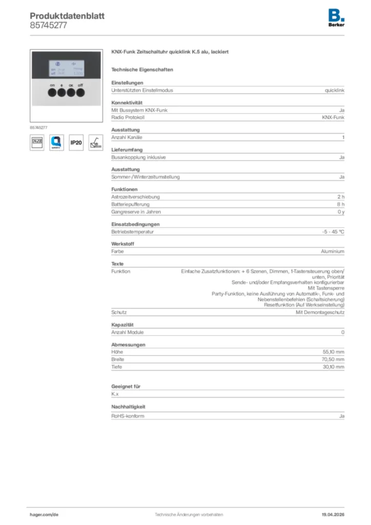 Bild Berker Produktdatenblatt 85745277 | Hager Deutschland
