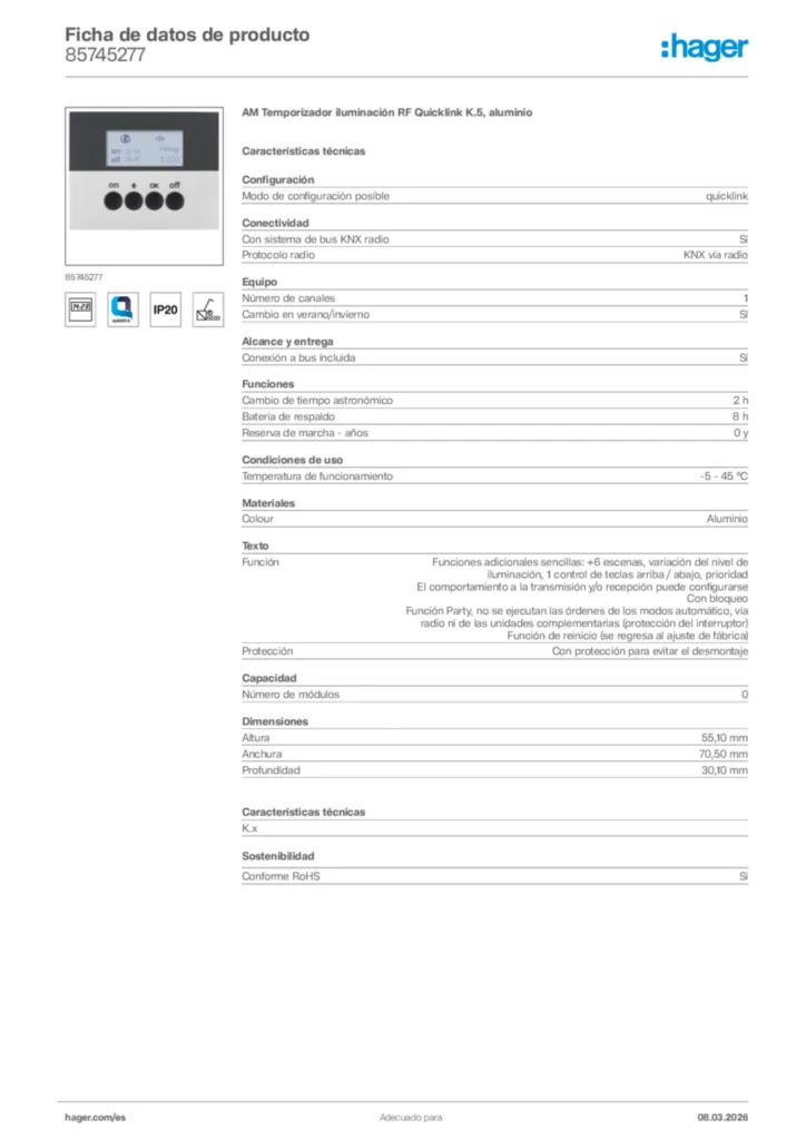Imagen Hager Ficha de datos de producto 85745277 | Hager España