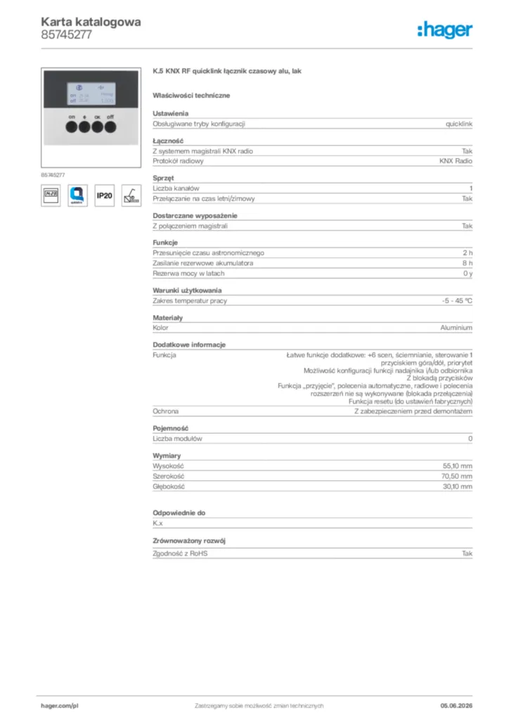Zdjęcie Hager Karta katalogowa 85745277 | Hager Polska