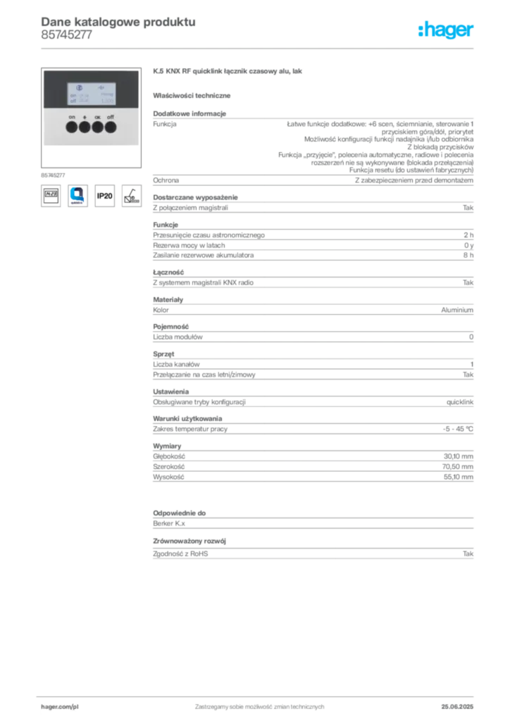 Zdjęcie Hager Karta katalogowa 85745277 | Hager Polska