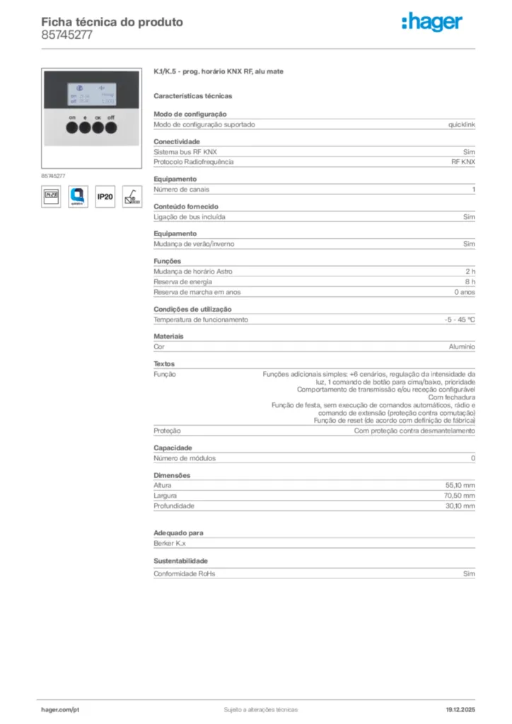 Imagem Hager Ficha técnica do produto 85745277 | Hager Portugal