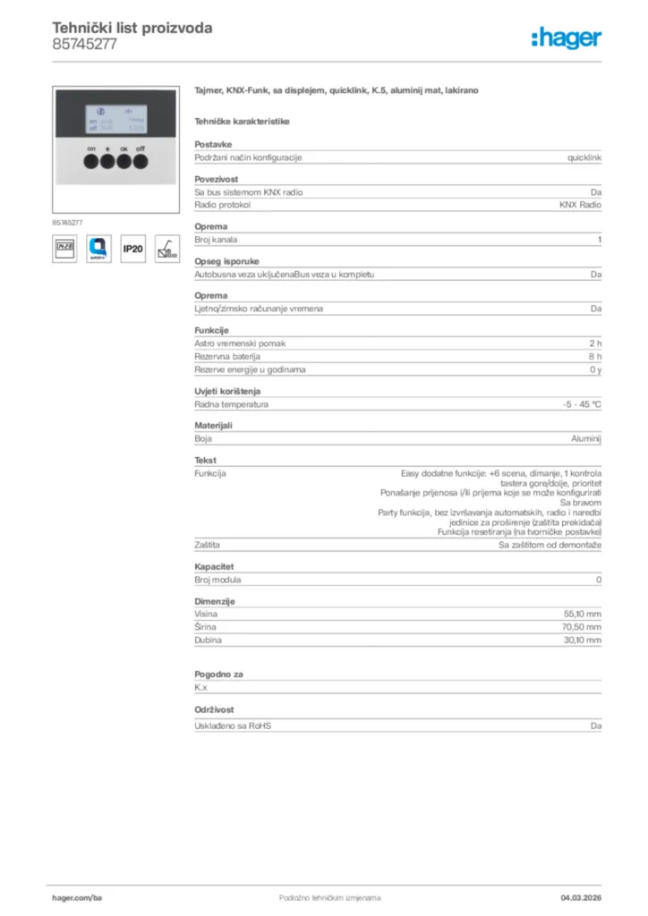 Slika Hager Tehnički list proizvoda 85745277  | Hager