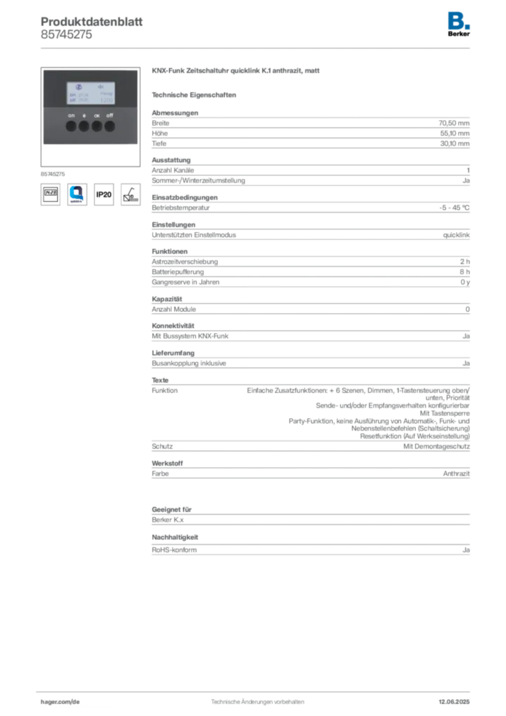 Bild Berker Produktdatenblatt 85745275 | Hager Deutschland