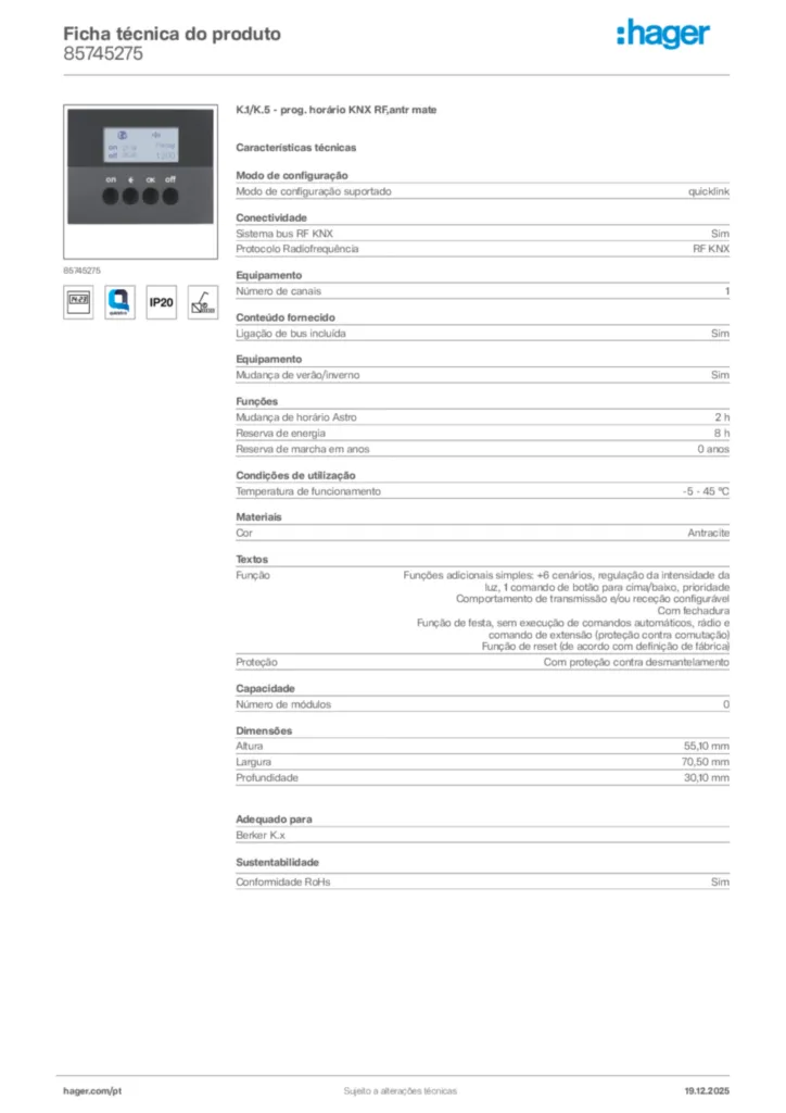 Imagem Hager Ficha técnica do produto 85745275 | Hager Portugal