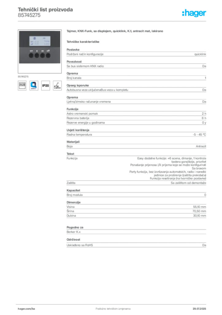 Slika Hager Product data sheet 85745275  | Hager