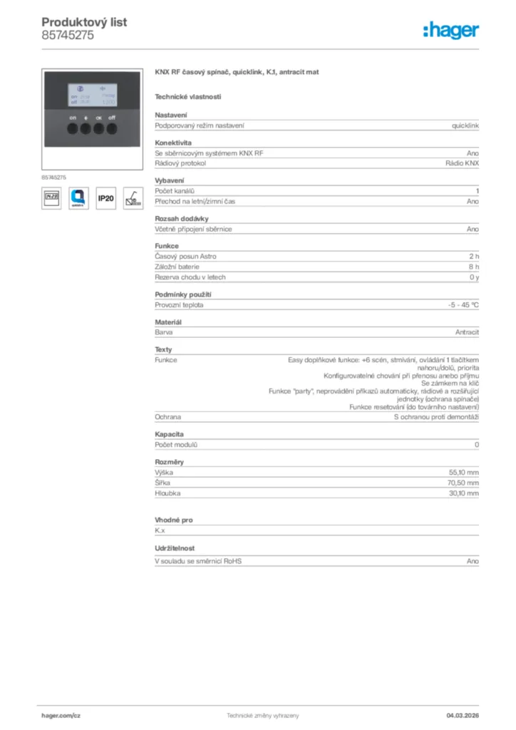 Obrázek Hager Product data sheet 85745275 | Hager