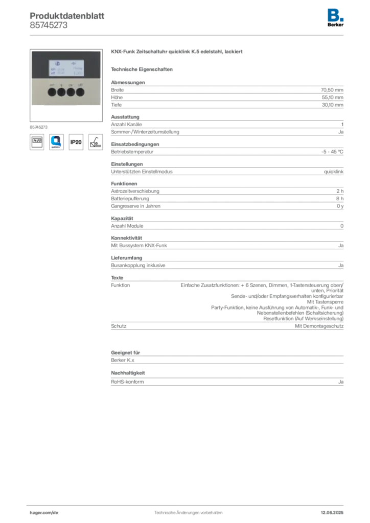 Berker Produktdatenblatt 85745273