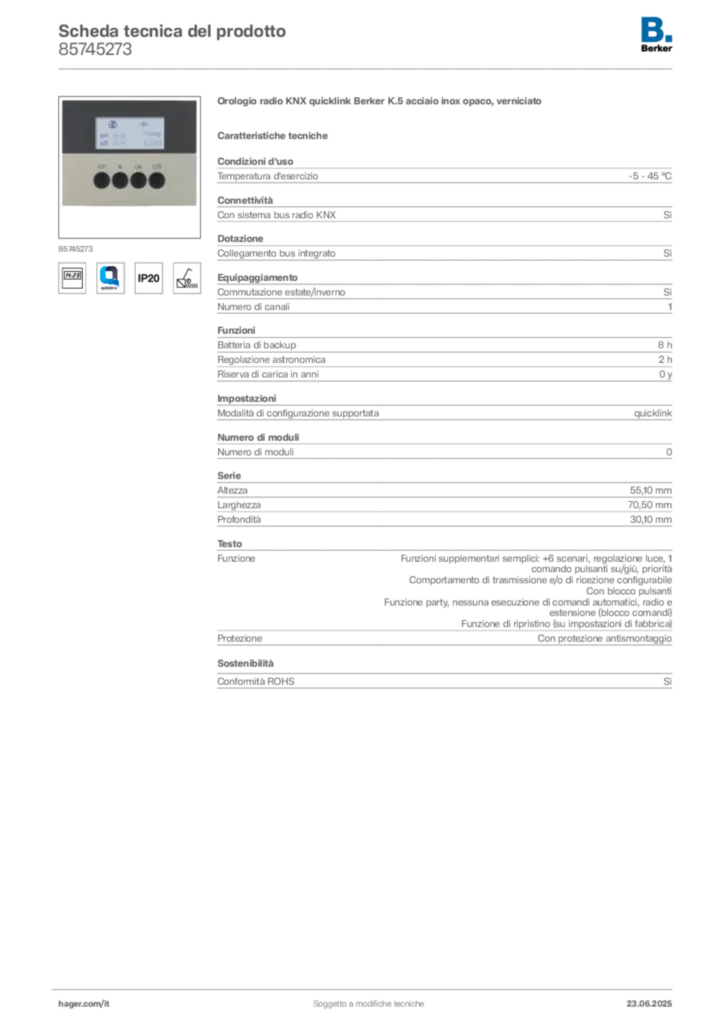 Immagine Berker Scheda tecnica del prodotto 85745273 | Hager Italia