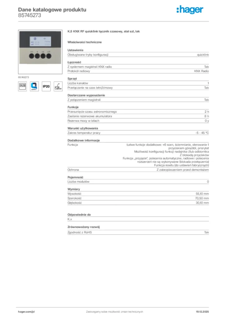 Zdjęcie Hager Karta katalogowa 85745273 | Hager Polska