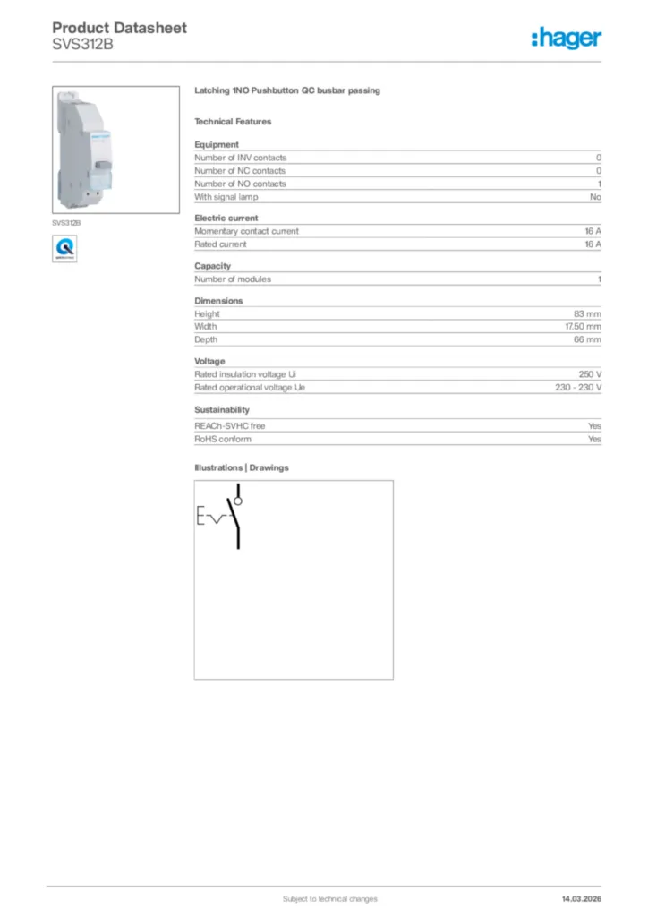 Image Hager Product data sheet SVS312B  | Hager Africa