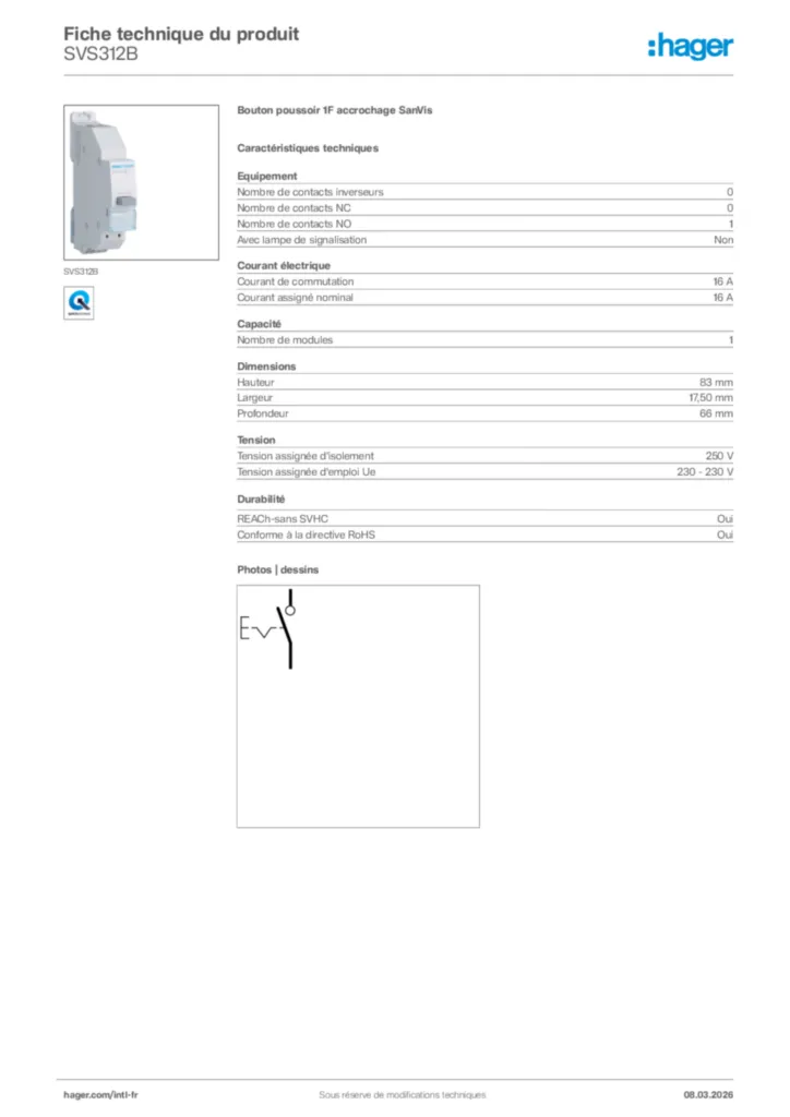 Image Hager Fiche technique du produit SVS312B | Hager Afrique