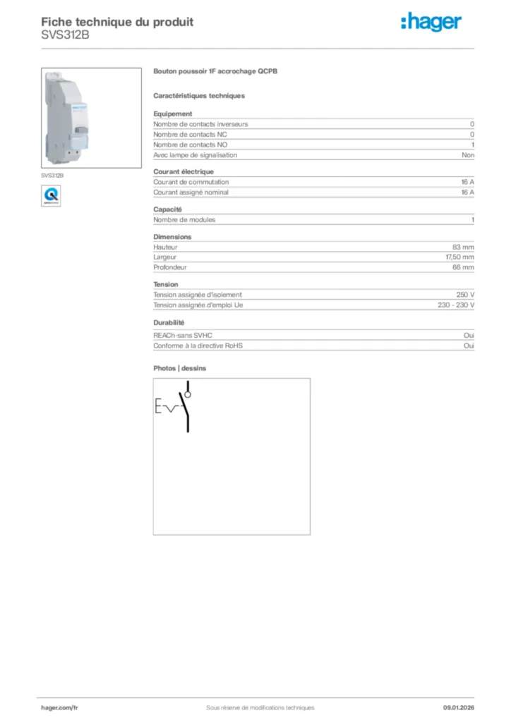 Image Hager Fiche technique du produit SVS312B | Hager France