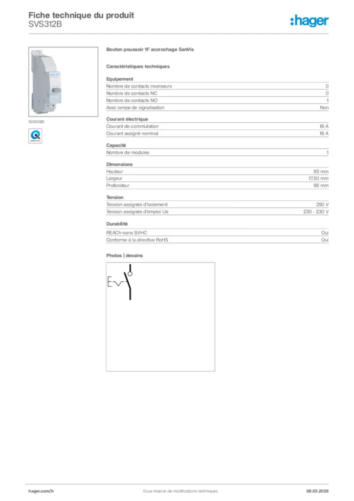 Image Hager Fiche technique du produit SVS312B | Hager France