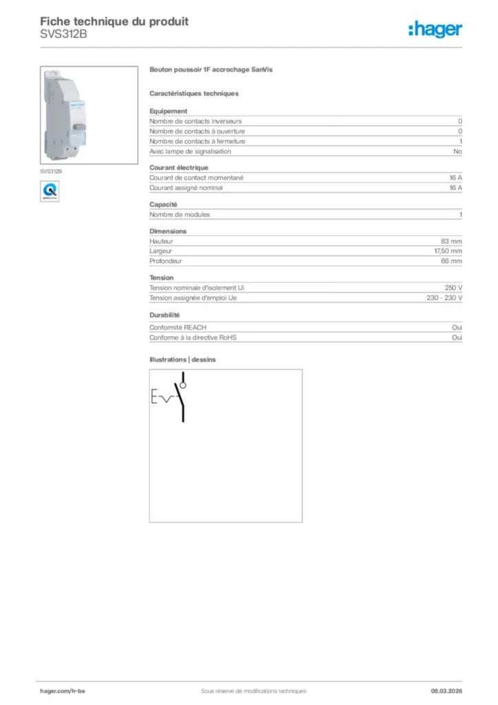 Image Hager Fiche technique du produit SVS312B | Hager Belgique