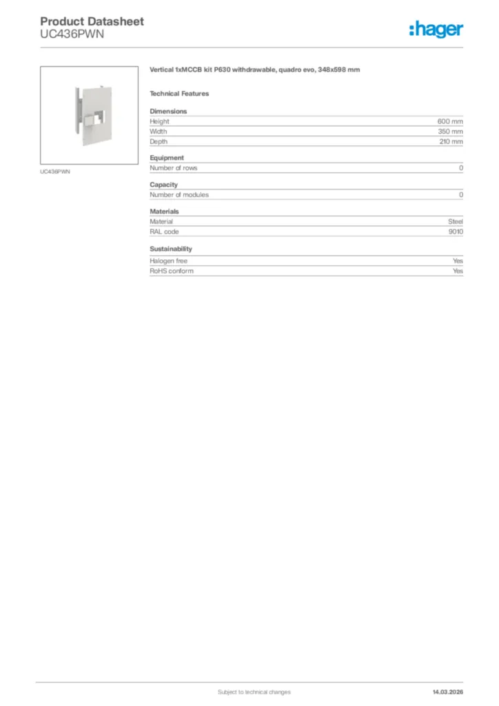 Image Hager Product data sheet UC436PWN  | Hager Africa