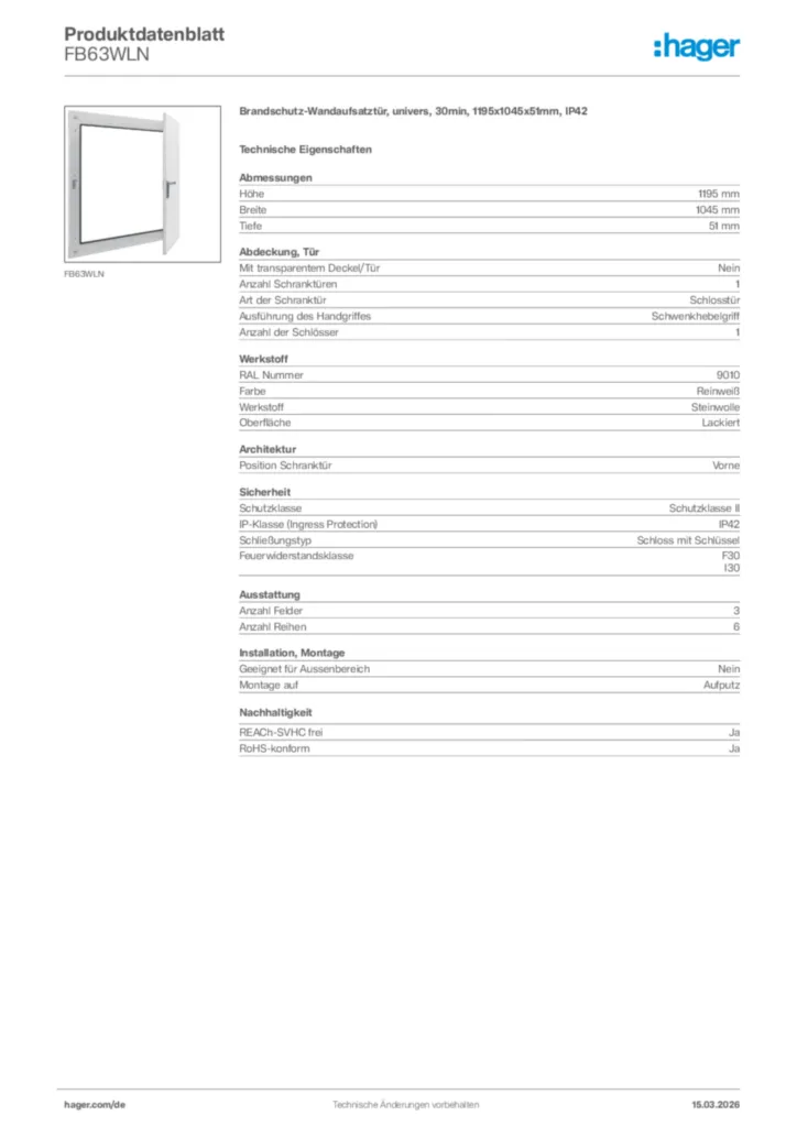 Bild Hager Produktdatenblatt FB63WLN | Hager Deutschland