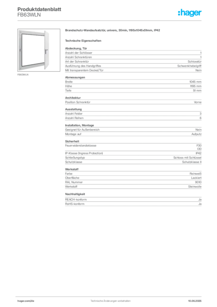 Hager Produktdatenblatt FB63WLN
