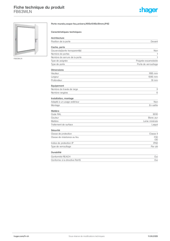 Image Hager Fiche technique du produit FB63WLN | Hager Suisse