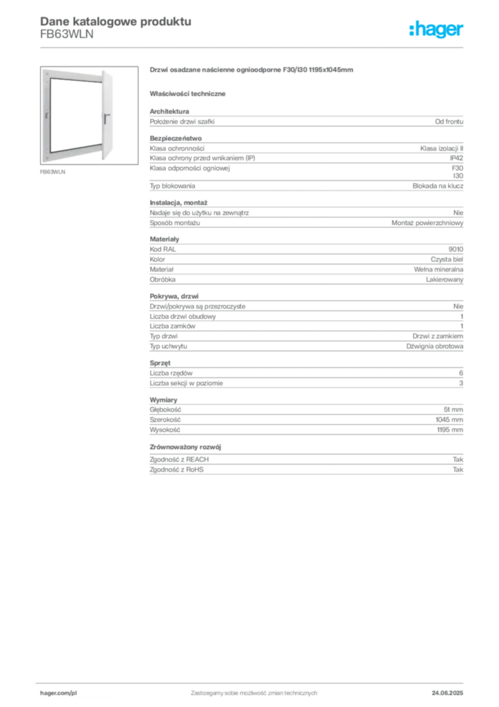 Zdjęcie Hager Karta katalogowa FB63WLN | Hager Polska