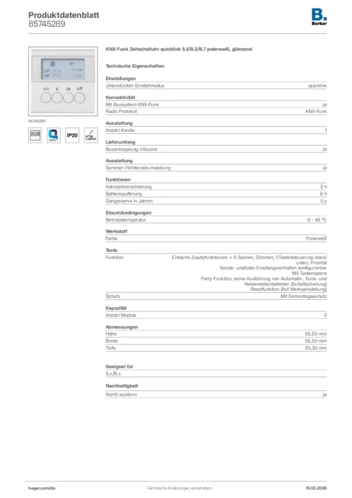 Bild Berker Produktdatenblatt 85745289 | Hager Deutschland