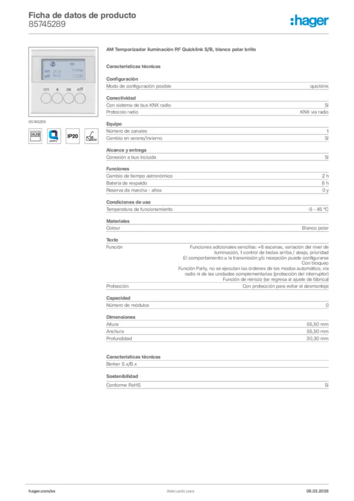 Imagen Hager Ficha de datos de producto 85745289 | Hager España