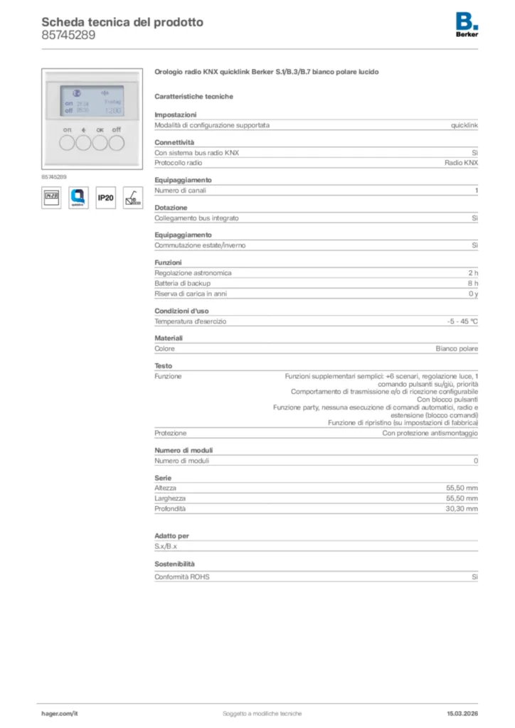 Immagine Berker Scheda tecnica del prodotto 85745289 | Hager Italia
