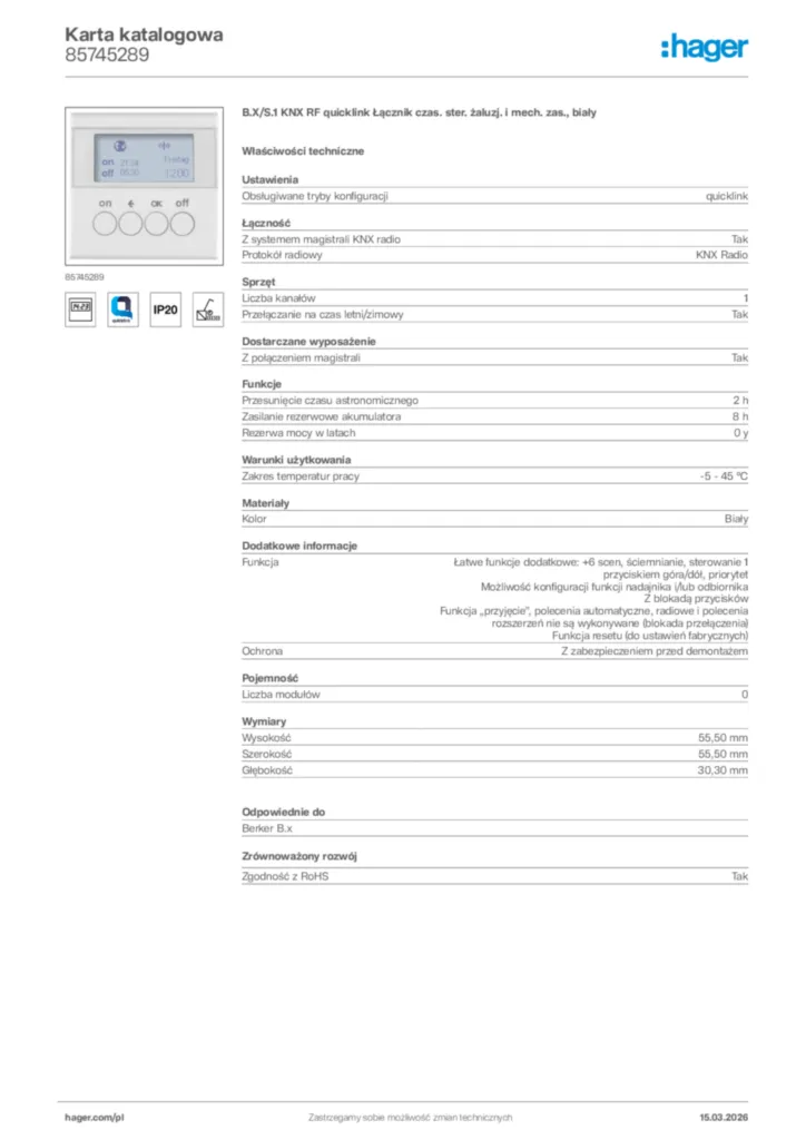 Zdjęcie Hager Karta katalogowa 85745289 | Hager Polska