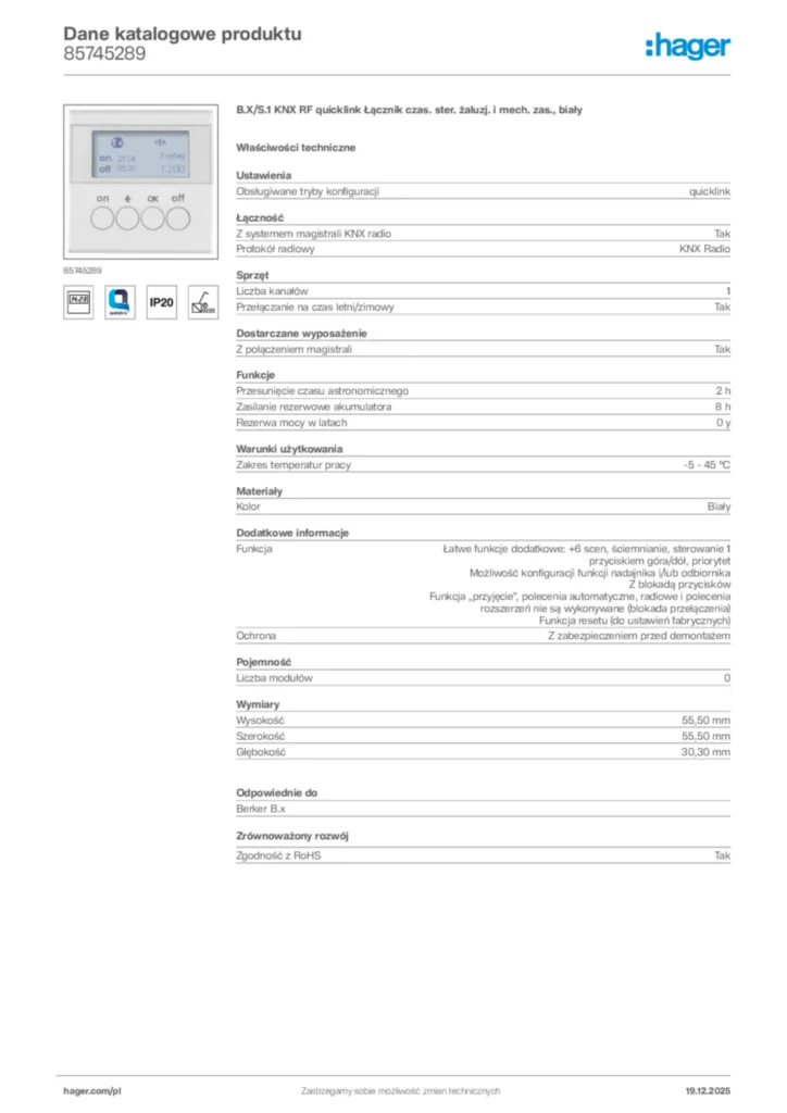Zdjęcie Hager Karta katalogowa 85745289 | Hager Polska