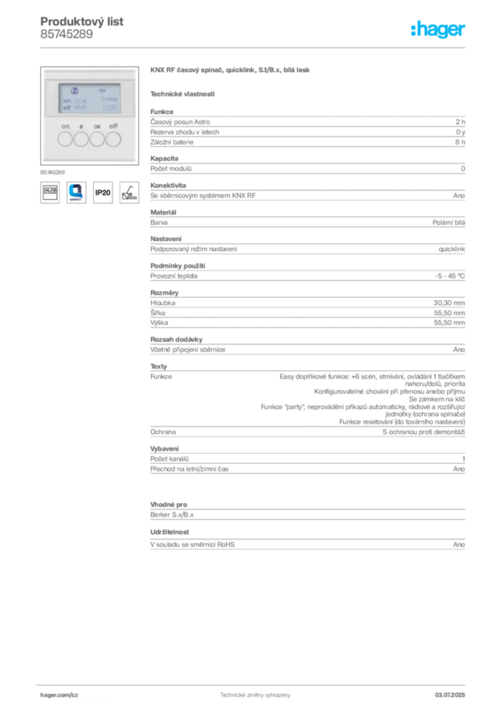 Obrázek Hager Produktový list 85745289 | Hager