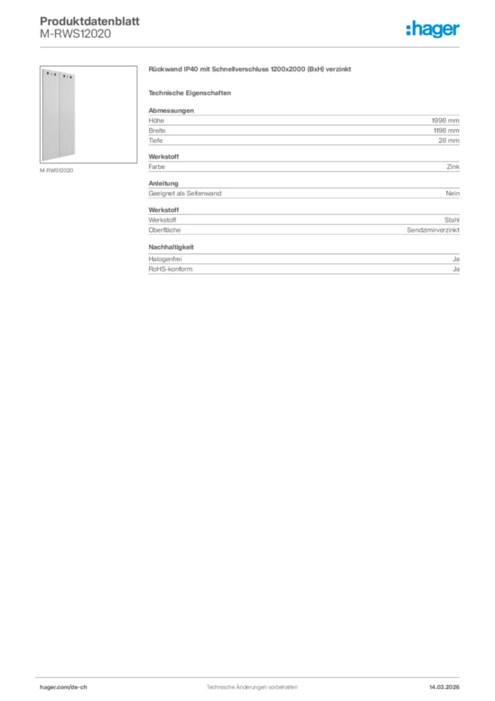 Bild Hager Produktdatenblatt M-RWS12020 | Hager Schweiz