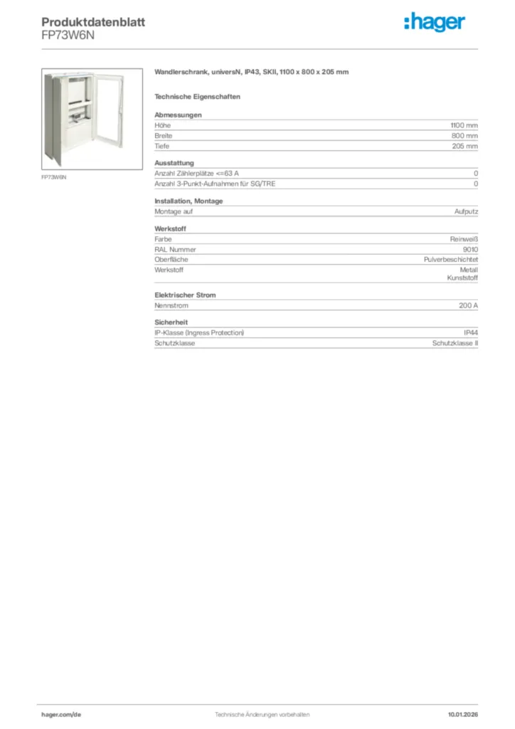 Bild Hager Produktdatenblatt FP73W6N | Hager Deutschland