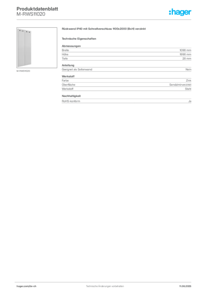 Bild Hager Produktdatenblatt M-RWS11020 | Hager Schweiz