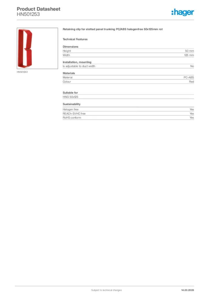 Image Hager Product data sheet HN501253  | Hager Africa