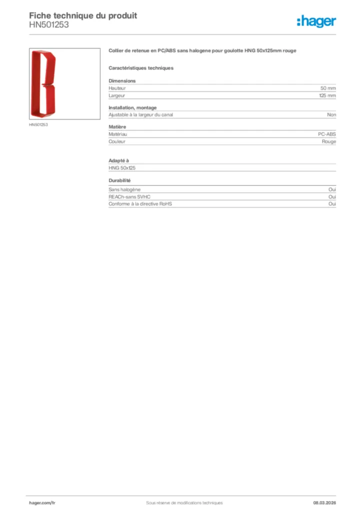 Image Hager Fiche technique du produit HN501253 | Hager France