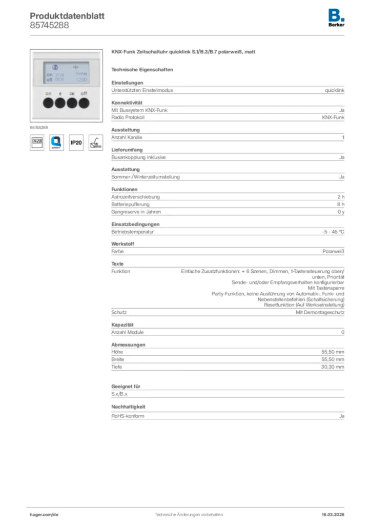 Bild Berker Produktdatenblatt 85745288 | Hager Deutschland