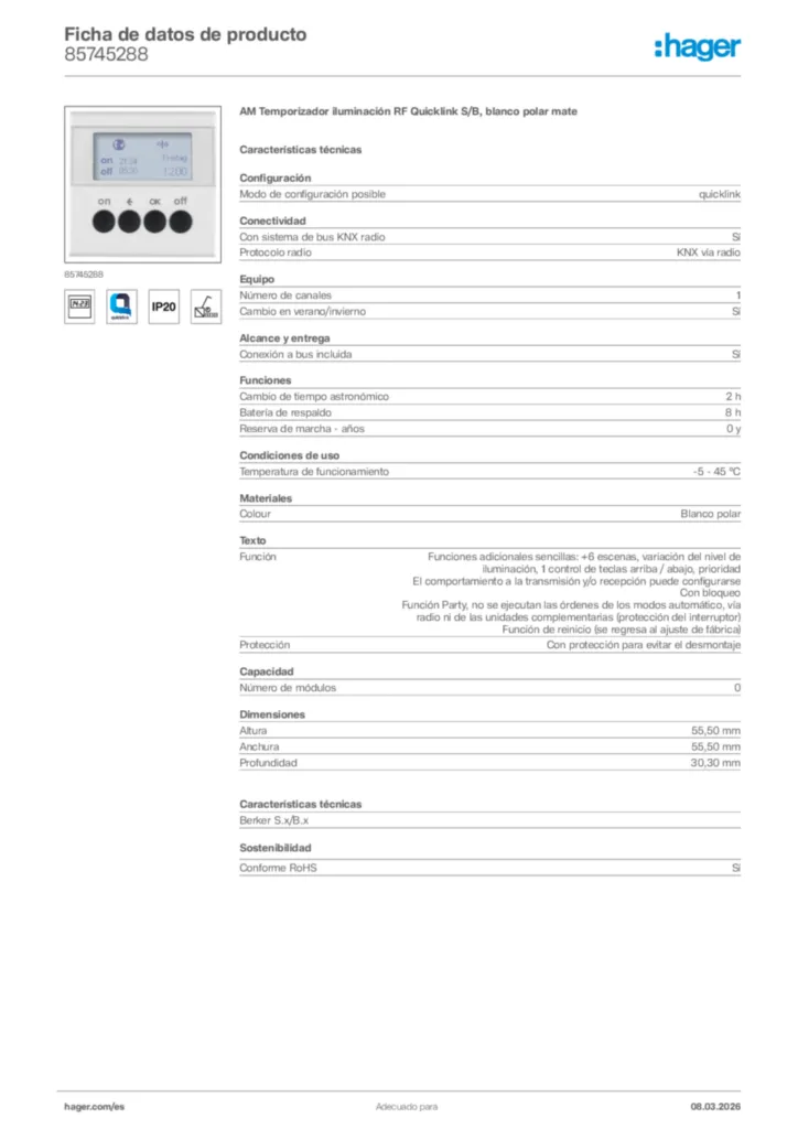 Imagen Hager Ficha de datos de producto 85745288 | Hager España