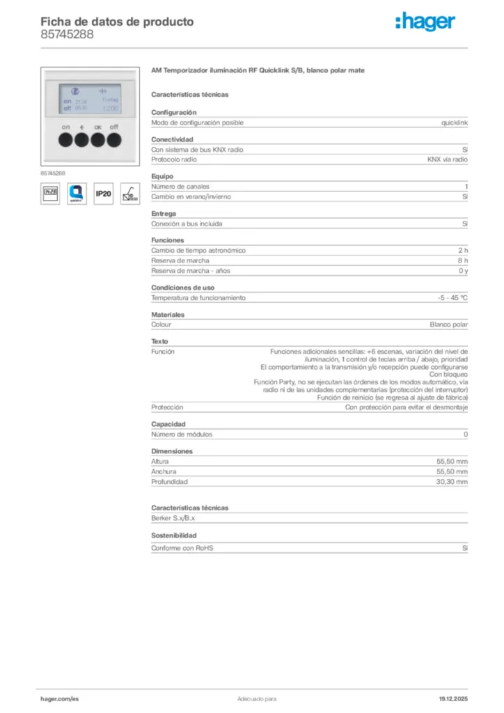 Imagen Hager Ficha de datos de producto 85745288 | Hager España