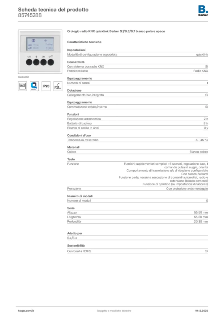 Immagine Berker Scheda tecnica del prodotto 85745288 | Hager Italia