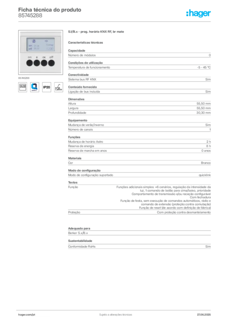 Imagem Hager Ficha técnica do produto 85745288 | Hager Portugal