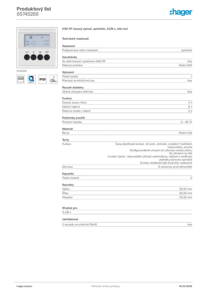 Obrázek Hager Product data sheet 85745288 | Hager