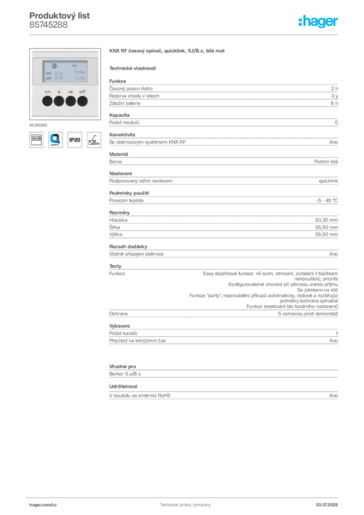 Obrázek Hager Produktový list 85745288 | Hager