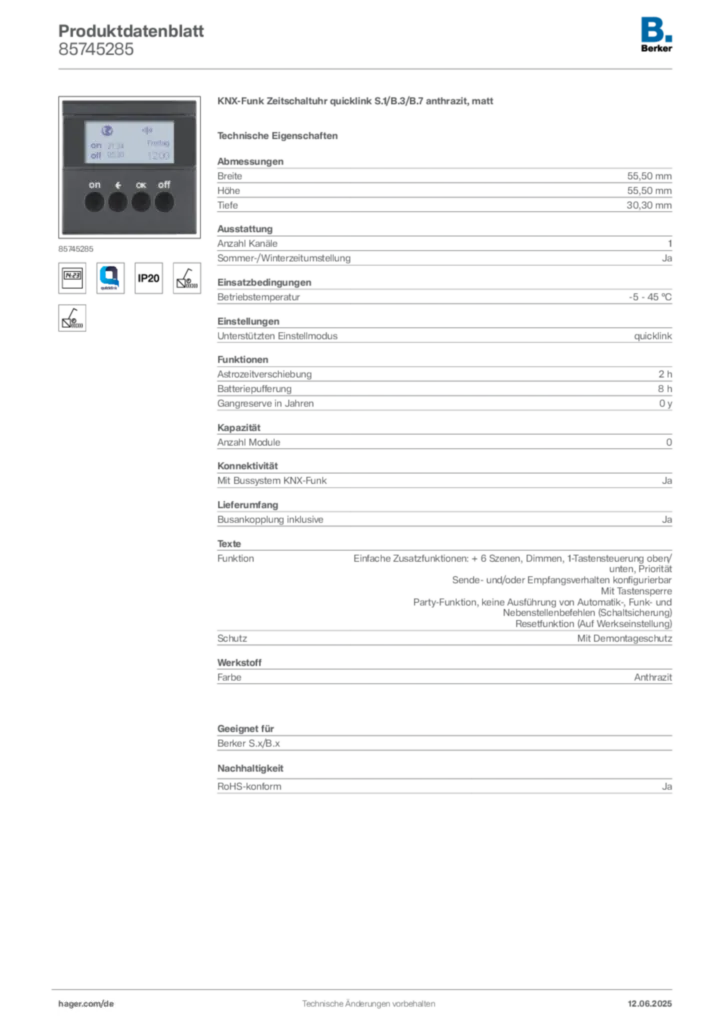 Bild Berker Produktdatenblatt 85745285 | Hager Deutschland
