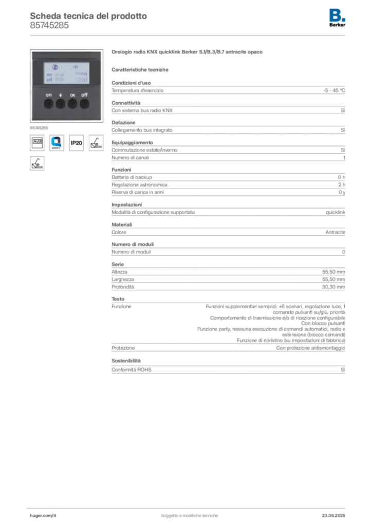 Immagine Berker Scheda tecnica del prodotto 85745285 | Hager Italia