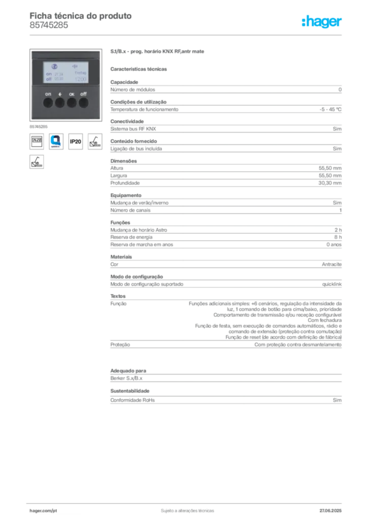 Imagem Hager Ficha técnica do produto 85745285 | Hager Portugal