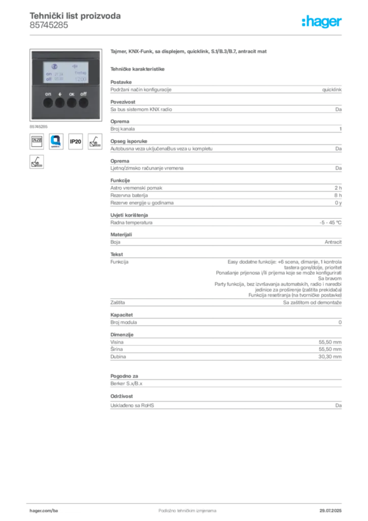 Slika Hager Product data sheet 85745285  | Hager