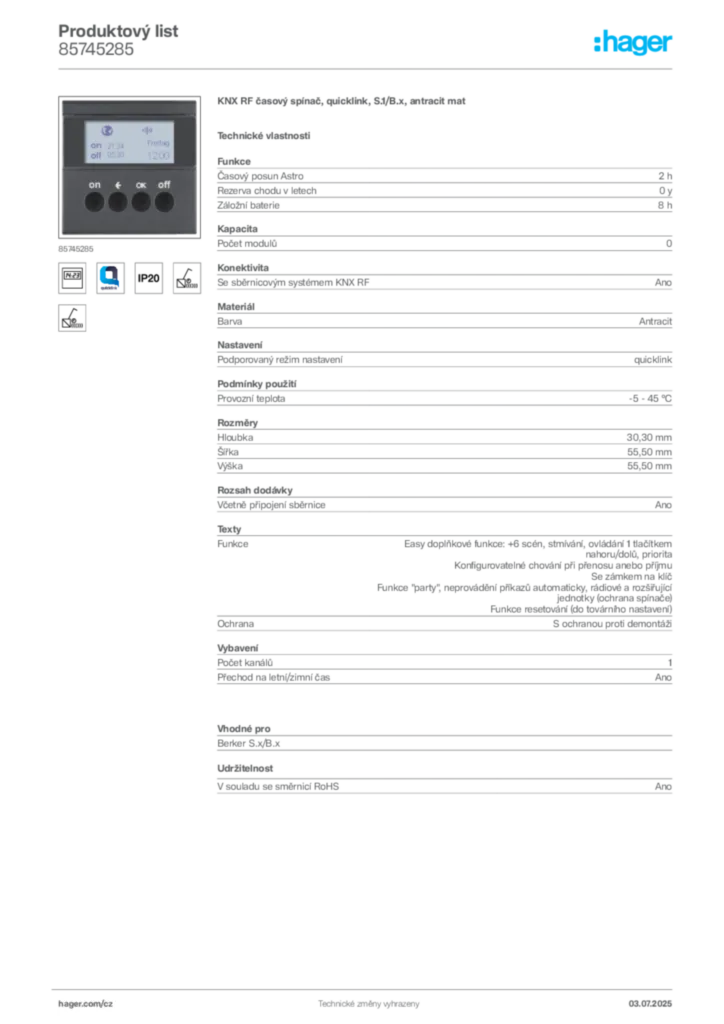 Obrázek Hager Produktový list 85745285 | Hager