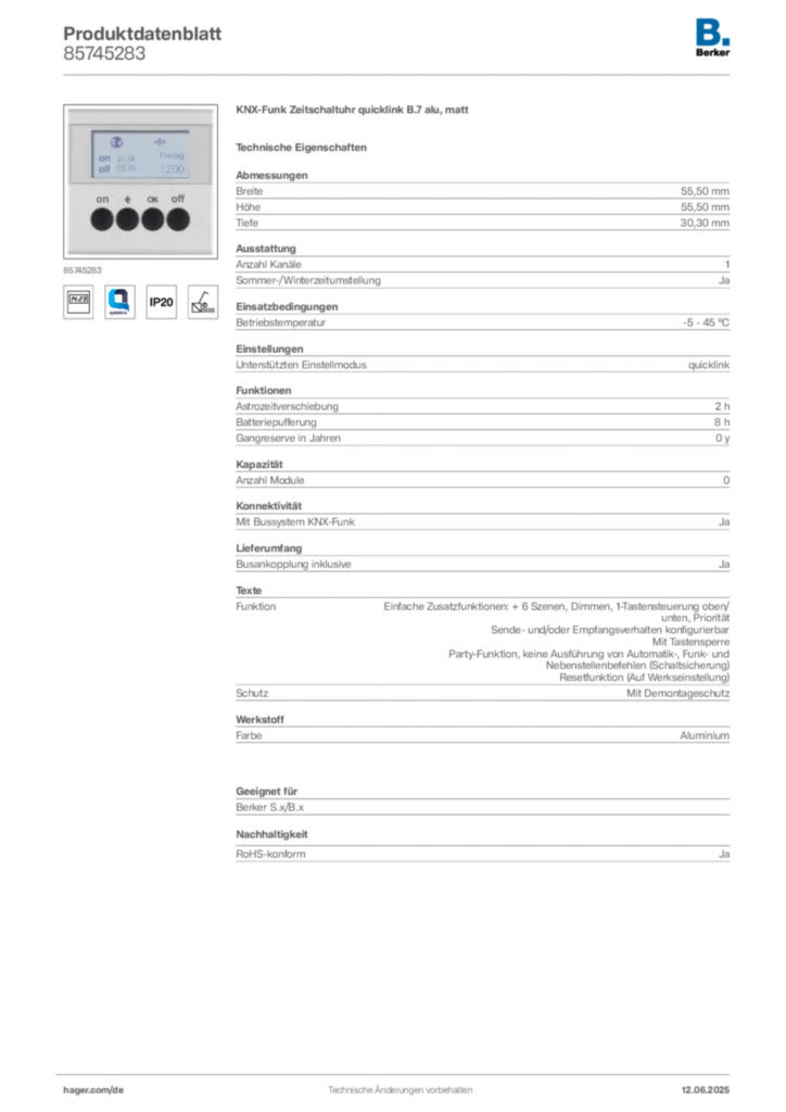 Bild Berker Produktdatenblatt 85745283 | Hager Deutschland