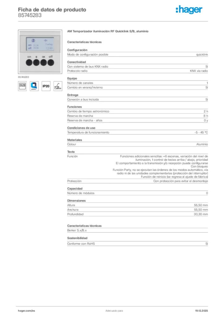 Imagen Hager Ficha de datos de producto 85745283 | Hager España