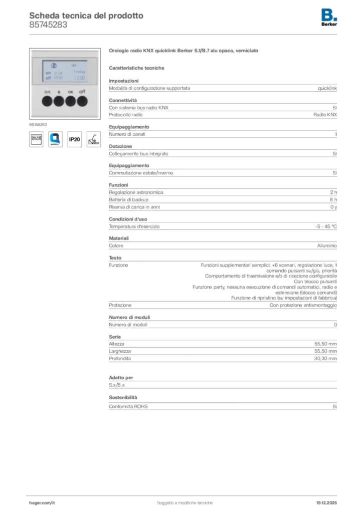 Immagine Berker Scheda tecnica del prodotto 85745283 | Hager Italia